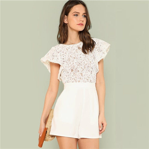 Lace Bodice Ruffle Trim Round Neck Cap Sleeve Short Jumpsuits