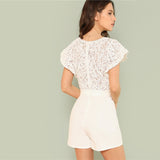 Lace Bodice Ruffle Trim Round Neck Cap Sleeve Short Jumpsuits