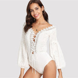 Lace Trim Plunge V Neck Embroidered White Sexy Bodysuit