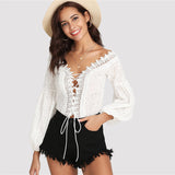 Lace Trim Plunge V Neck Embroidered White Sexy Bodysuit