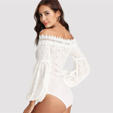 Lace Trim Plunge V Neck Embroidered White Sexy Bodysuit