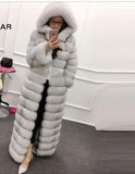 Luxury Long Elegant Genuine Leather Real Fox Fur Parka With Hood