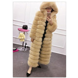 Luxury Long Elegant Genuine Leather Real Fox Fur Parka With Hood