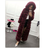 Luxury Long Elegant Genuine Leather Real Fox Fur Parka With Hood