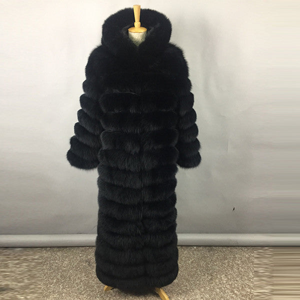 Luxury Long Elegant Genuine Leather Real Fox Fur Parka With Hood