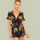 Beach Print Deep V Neck Mid Waist Flounce Sleeve Rompers