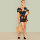 Beach Print Deep V Neck Mid Waist Flounce Sleeve Rompers