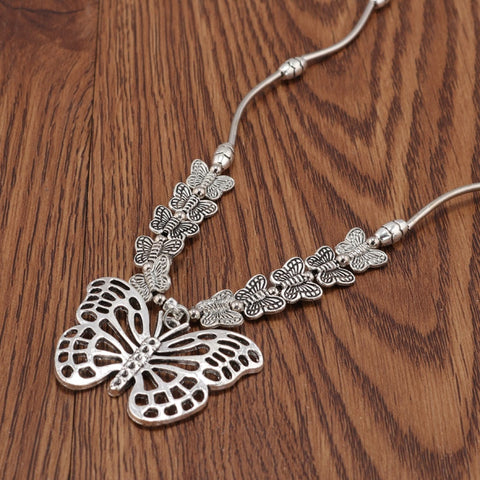 Boho Tibet Silver Statement Butterfly Double Layer Small Butterflies Flying Chain Pendant