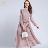 Elegant Bow Lace O-neck Hollow Out  A-line Vintage Maxi Dress