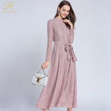 Elegant Bow Lace O-neck Hollow Out  A-line Vintage Maxi Dress