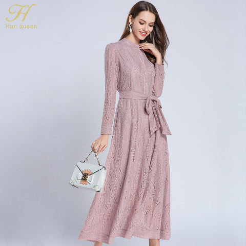 Elegant Bow Lace O-neck Hollow Out  A-line Vintage Maxi Dress