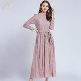 Elegant Bow Lace O-neck Hollow Out  A-line Vintage Maxi Dress