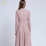 Elegant Bow Lace O-neck Hollow Out  A-line Vintage Maxi Dress