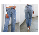 Pearl Tassels Blue High Waist Street-Wear Pocket Denim Jeans