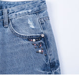 Pearl Tassels Blue High Waist Street-Wear Pocket Denim Jeans