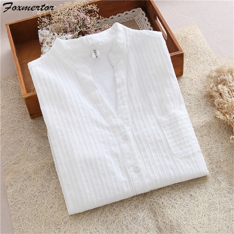 100% Cotton Shirt White Blouse Long Sleeve With Solid Pocket