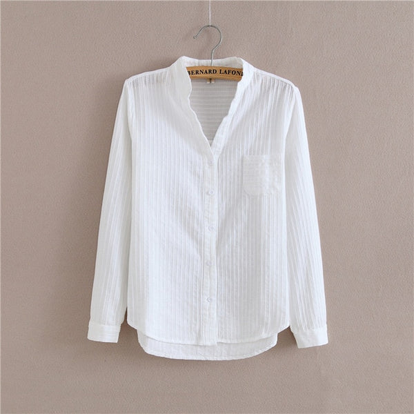 100% Cotton Shirt White Blouse Long Sleeve With Solid Pocket