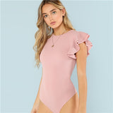 Layered Ruffle Round Neck Ruffle Pink Casual Bodysuit