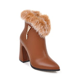 Winter High Heels Ankle Real Fur Zip Thick Heel Boot