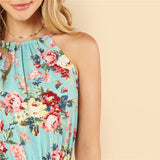 Beach Floral Print Backless Halter Sleeveless High Waist Jumpsuit