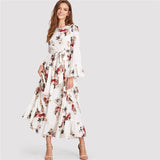 Beach Floral Print Round Neck Long Sleeve Maxi Dress