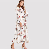 Beach Floral Print Round Neck Long Sleeve Maxi Dress