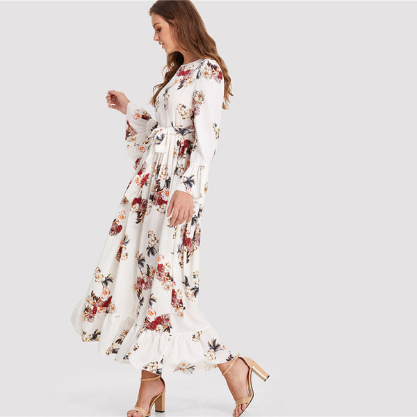 Beach Floral Print Round Neck Long Sleeve Maxi Dress