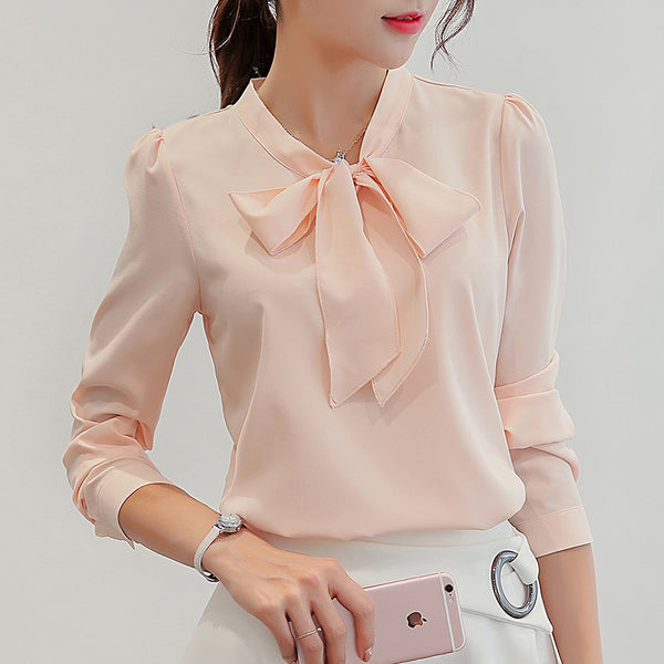 Long Sleeve Leisure Chiffon Shirt Bow Office Ladies Tops