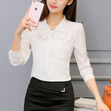 Long Sleeve Leisure Chiffon Shirt Bow Office Ladies Tops