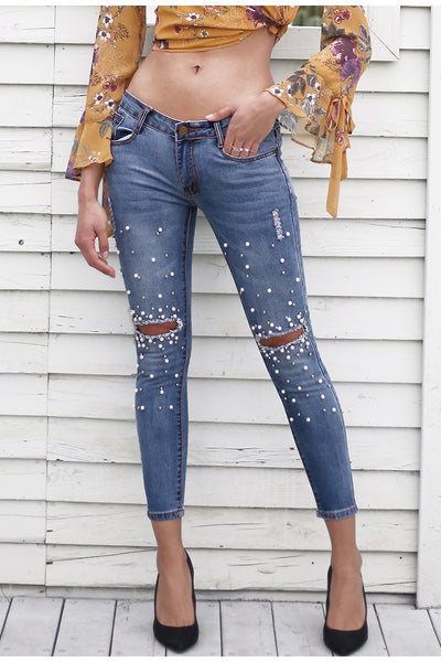 Pearl Hole Jeans Casual Pocket Skinny Pencil Destroyed Ripped Denim Jean