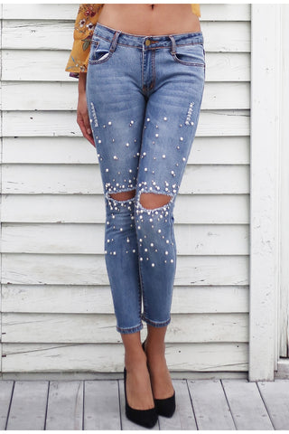 Pearl Hole Jeans Casual Pocket Skinny Pencil Destroyed Ripped Denim Jean