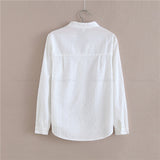 100% Cotton Shirt White Blouse Long Sleeve With Solid Pocket