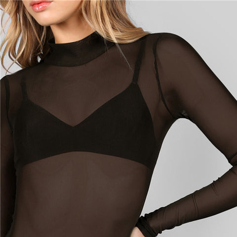 Sexy Black Mock Neck Long Sleeve Hollow Out Back Mesh Bodysuit