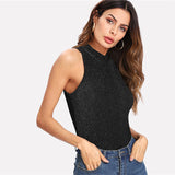 Black Mock Neck Glitter Skinny Sleeveless Plain Bodysuit