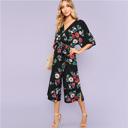 Beach Split Side Floral Culotte Mid Waist Belted Jumpsuit