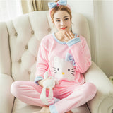 Cute Kitty Flannel Warm Winter Long Sleeve Sleepwear Suit Sets