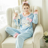 Cute Kitty Flannel Warm Winter Long Sleeve Sleepwear Suit Sets