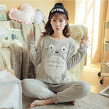 Cute Kitty Flannel Warm Winter Long Sleeve Sleepwear Suit Sets