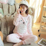 Cute Kitty Flannel Warm Winter Long Sleeve Sleepwear Suit Sets