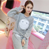 Cute Kitty Flannel Warm Winter Long Sleeve Sleepwear Suit Sets