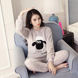 Cute Kitty Flannel Warm Winter Long Sleeve Sleepwear Suit Sets