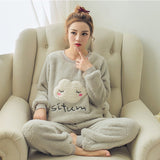 Cute Kitty Flannel Warm Winter Long Sleeve Sleepwear Suit Sets