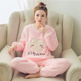 Cute Kitty Flannel Warm Winter Long Sleeve Sleepwear Suit Sets