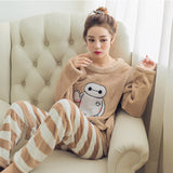 Cute Kitty Flannel Warm Winter Long Sleeve Sleepwear Suit Sets