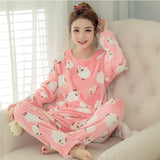 Cute Kitty Flannel Warm Winter Long Sleeve Sleepwear Suit Sets