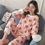 Cute Kitty Flannel Warm Winter Long Sleeve Sleepwear Suit Sets