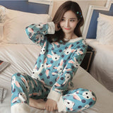 Cute Kitty Flannel Warm Winter Long Sleeve Sleepwear Suit Sets