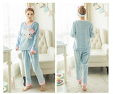 Cute Kitty Flannel Warm Winter Long Sleeve Sleepwear Suit Sets