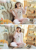 Cute Kitty Flannel Warm Winter Long Sleeve Sleepwear Suit Sets