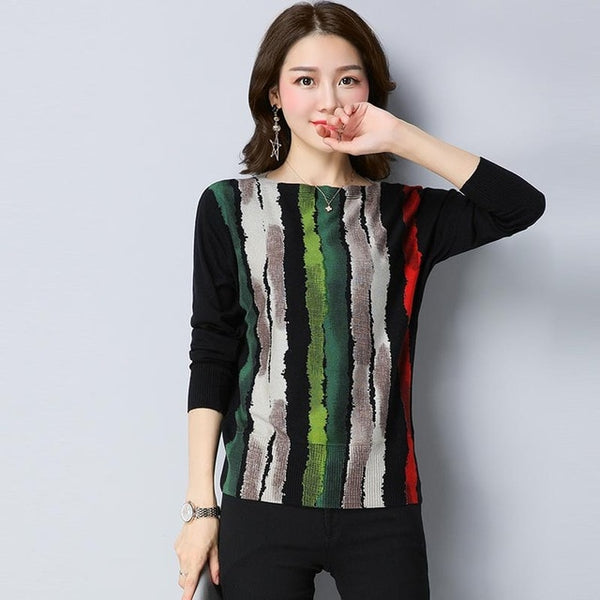 Elegant Wool Knitted Pullover Striped Print Knitwear Warm Sweater